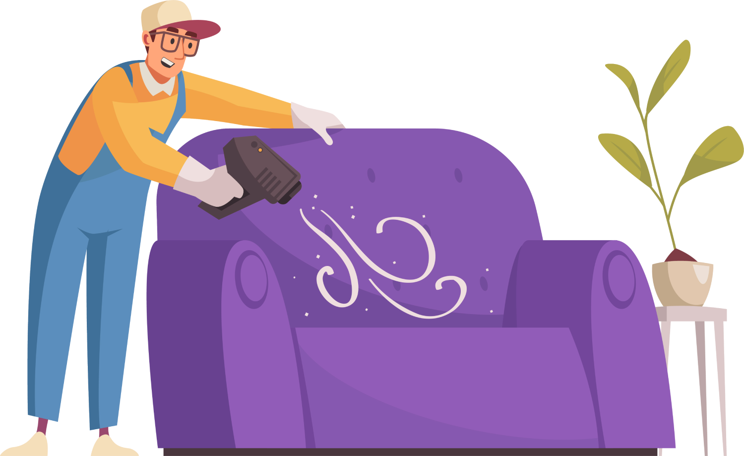 Happy cleaner cleaning sofa with professional equipment flat illustration<br />